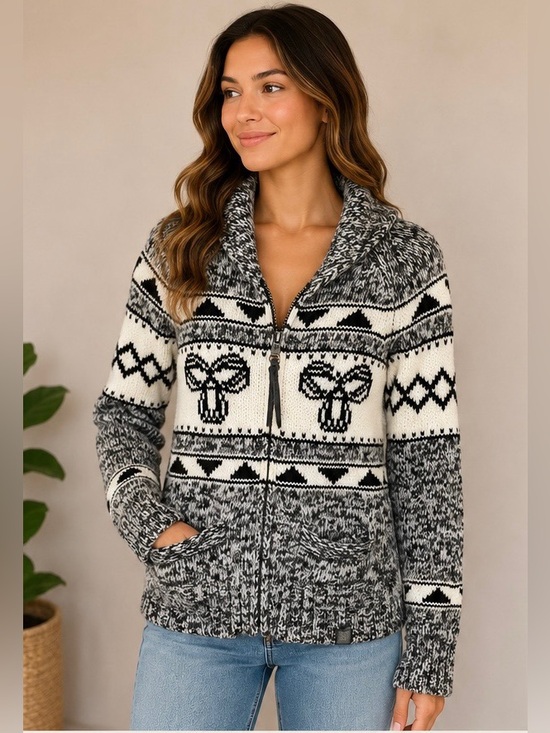 TNA Sweaters - TNA Black and White Patterned Zip Front Shawl Collar Wool Sweater